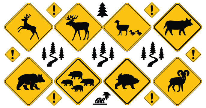 Wildlife Crossing Traffic Warning Signs with deer, moose, duck, cow, bear, wild boar, turtle, and ram caution symbols