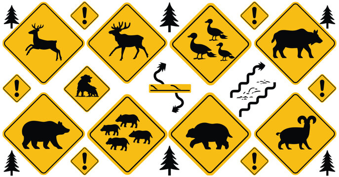 Wildlife Crossing Traffic Warning Signs with deer, moose, duck, cow, bear, wild boar, turtle, and ram caution symbols