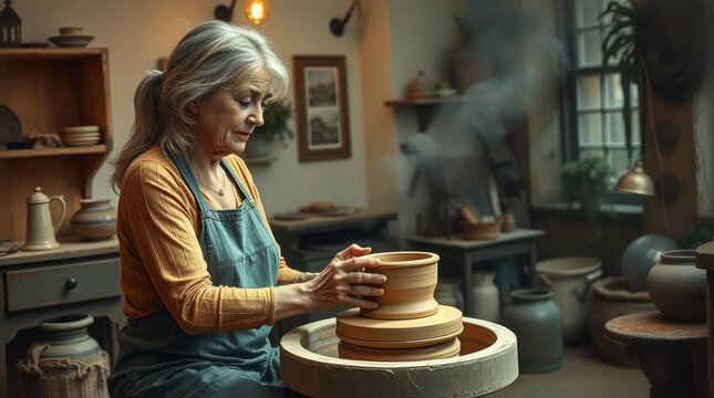 Senior female artisan crafting a clay pot on a pottery wheel in a cozy workshop
