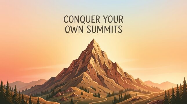 Motivational illustration of a majestic mountain peak at sunrise with the inspiring quote 'Conquer Your Own Summits', symbolizing aspiration and achie