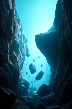 Surreal underwater canyon with floating rocks and light streaming through blue water