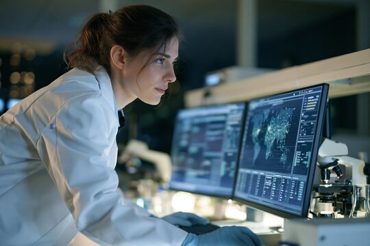 A focused female scientist in a white lab coat leans over dual computer monitors displaying detailed global medical data visualizations, wearing blue gloves while working at a cluttered lab bench