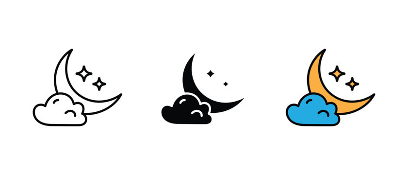 Night sky icon set. Moon and cloud symbol, bedtime sign, sleepy weather vector illustration.