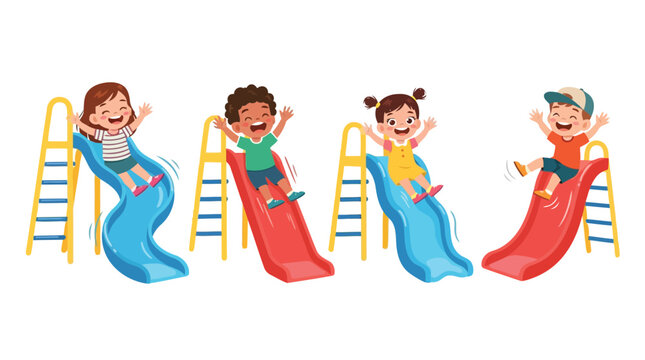 Happy children having fun sliding down playground slides in the park