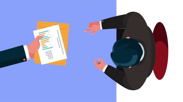 Business professional receiving document folder top view animation showing corporate office meeting and paperwork exchange.