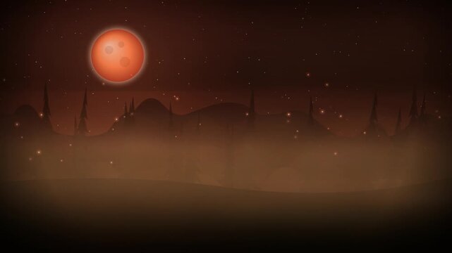 Crimson red moon over alien exoplanet landscape with glowing embers and fog loop animation. Spooky alien planet landscape with glowing crater moon, silhouette trees and fog loopable video