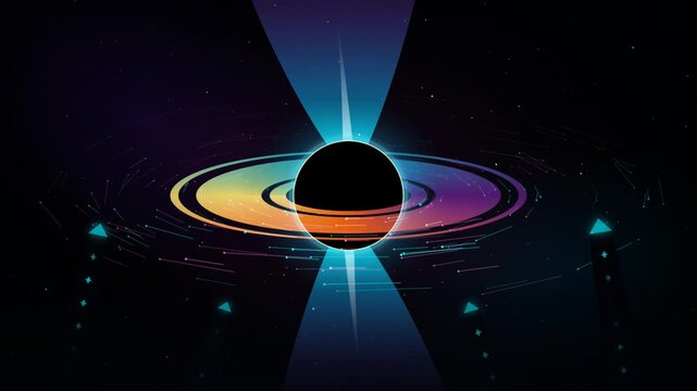 Sci-fi space background with black hole singularity and neon rings loop. Animated futuristic black hole with colorful glowing accretion disk and energy beams