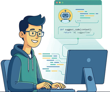 A young programmer using artificial intelligence to help write computer code on a desktop computer.