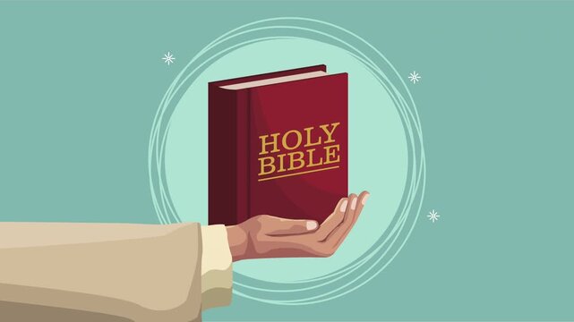A hand emerging from the left side of the screen holding a holy bible, with a light blue background and a circular frame in the middle.