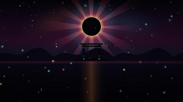 Cyberpunk total solar eclipse with Japanese torii gate over water loop animation background. Mystic dark landscape with solar eclipse