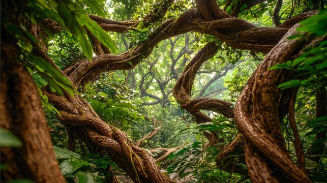 Lush, dense jungle scene with thick, intertwined vines dominating the foreground, leading to a misty forest background