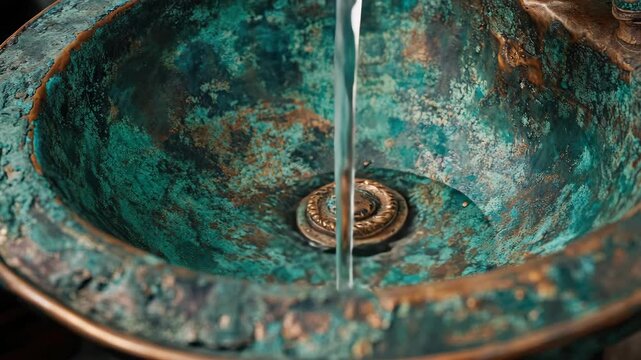 Water stream falling into antique bronze basin with green patina