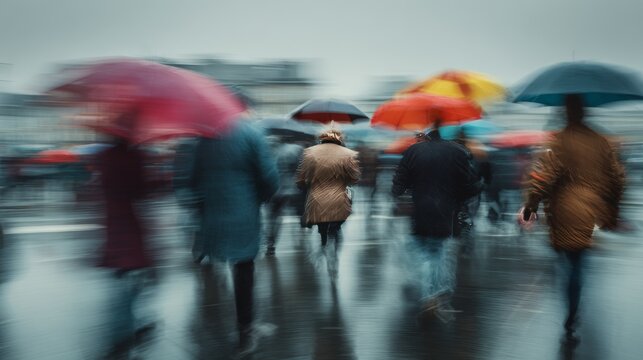 Blurry photo captures a crowd of people with umbrellas walking in the rain, streets slick