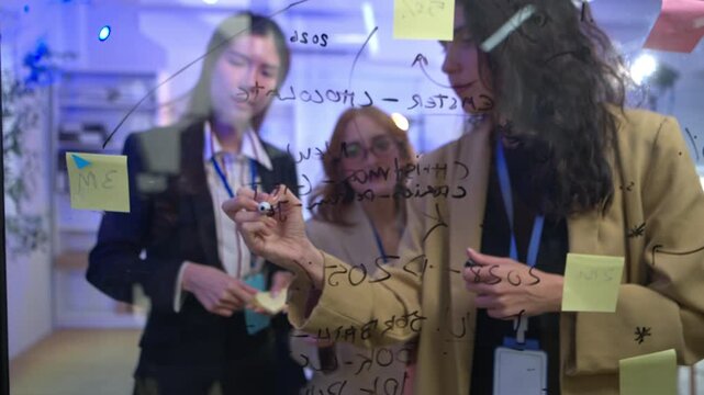 Three businesswoman professionals collaborate on a strategy by writing ideas and notes on a glass board during an office meeting