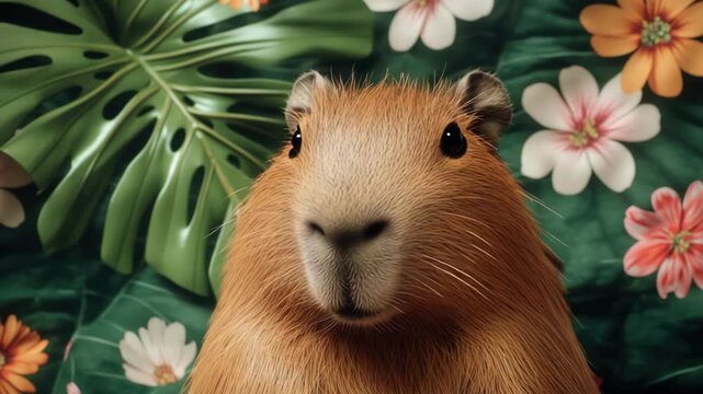 Close-up portrait of a guinea pig with orange fur among tropical leaves and flowers