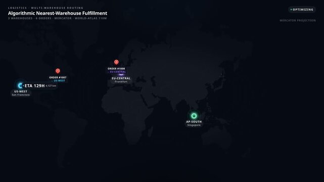 Digital map dashboard with global logistics routing warehouse fulfillment optimization, for supply chain efficiency, data analytics, automated distribution, international freight management