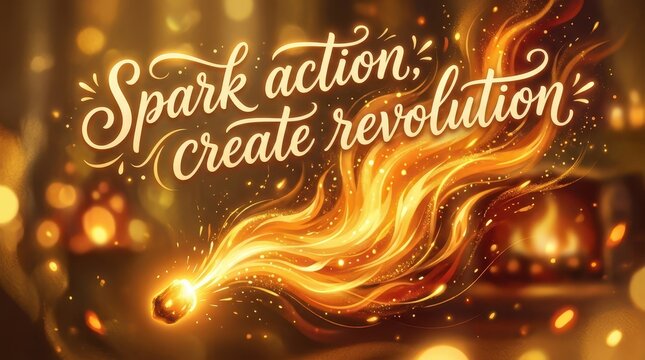 Motivational quote 'Spark action, create revolution' with a fiery glowing spark and bokeh background, symbolizing change and inspiration