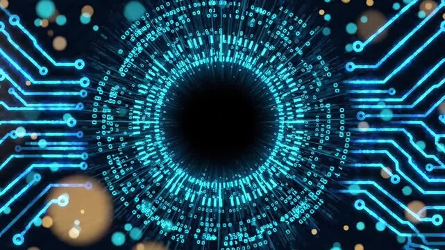 Digital cybernetic eye with glowing blue circuit lines and bokeh