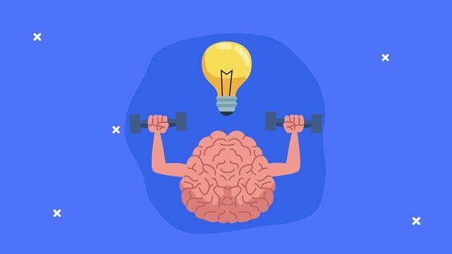 Brain lifting weights with light bulb, symbolizing mental strength and idea generation.