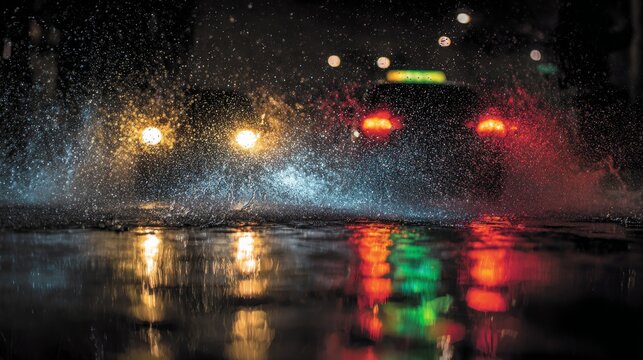 A night scene captures two cars driving through a deep puddle, creating a dramatic splash. Reflections gleam