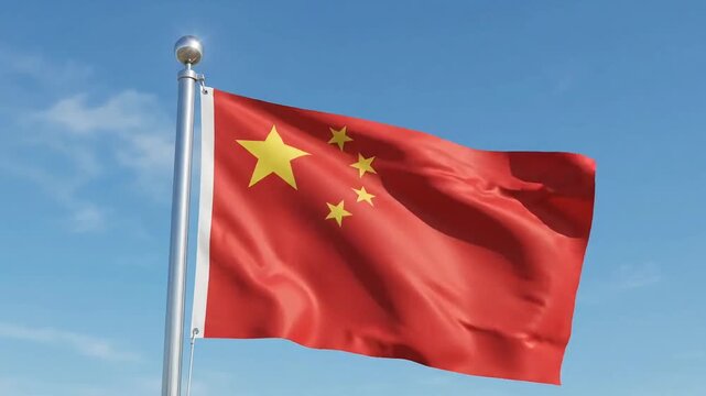 National flag of China fluttering on metal pole against blue sky