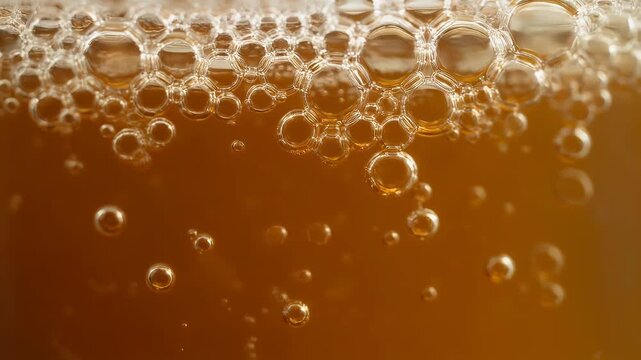 Close-up macro shot of golden beer bubbles and foam rising in a glass, creating a refreshing and effervescent drink background