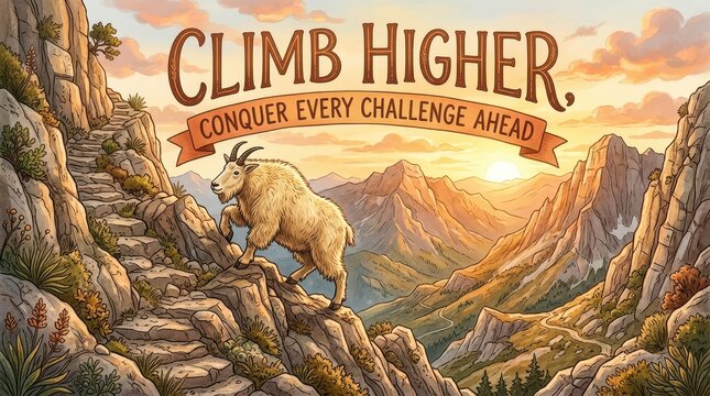 Mountain Goat Ascending Rocky Path, Inspiring 'Climb Higher, Conquer Every Challenge Ahead' Message