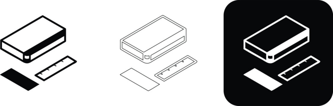 Isometric box and ruler in three styles including solid black, thin line and white on a black rounded square background for