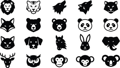 Obraz premium Minimalist animal head icons set, 20 black vector wildlife avatars, flat geometric zoo animal faces for branding and app interface design