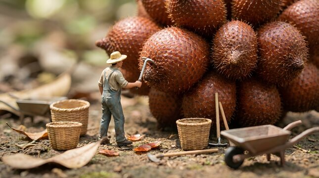 Small Farmer Model Collecting Sap From Thorny Fruit Stack