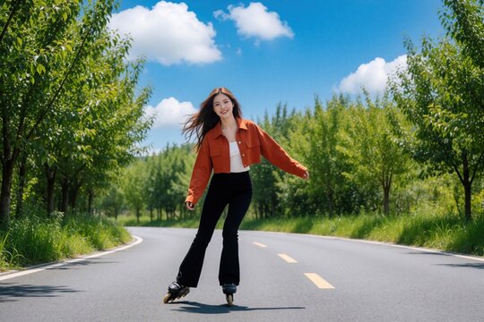 Young woman rollerblades on an empty road lined with green trees. She wears an orange jacket and black pants under a blue sky. The sunny day activity shows freedom and personal style.