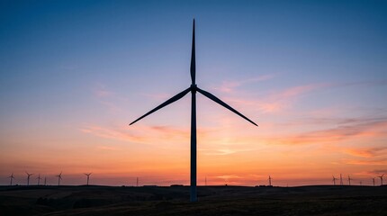 Obraz premium Stunning silhouette of a giant wind turbine standing tall against a vibrant sunset sky with rolling hills and wind farm infrastructure in the background showcasing sustainable energy product
