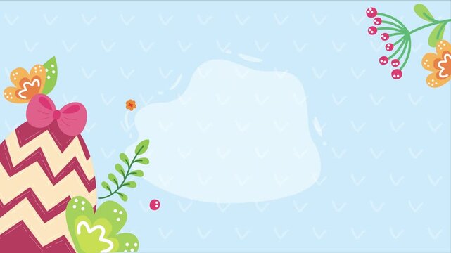 Animated easter egg with bow and flowers on pastel blue background with repeating pattern.