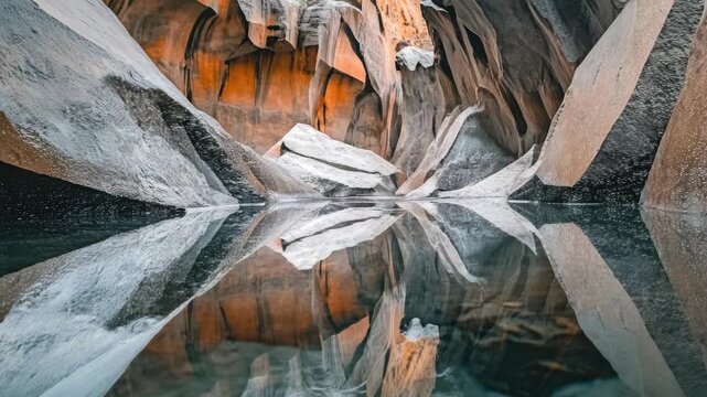 Reflection of Orange and Grey Rock Formations in a Still Cave Pool