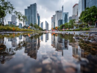 Obraz premium Flooded urban street reflecting high rise buildings and cloudy sky after heavy rainfall, showing climate risk in a modern city and the growing need for adaptation, resilience and sustainable drainage