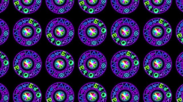 Glowing Neon Astrological Signs And Zodiac Wheel Pattern Loop On Black Background Featuring Vibrant Pink Green Purple And Yellow Esoteric Mystical Symbols In A Seamless Repeating Retro Futuristic Grid