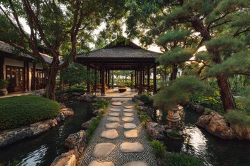 Obraz premium Elegant East Asian luxury villa courtyard with wooden pavilion, stone pathway and tranquil pond surrounded by lush trees at sunset, designed for premium resort, wellness retreat and peaceful living