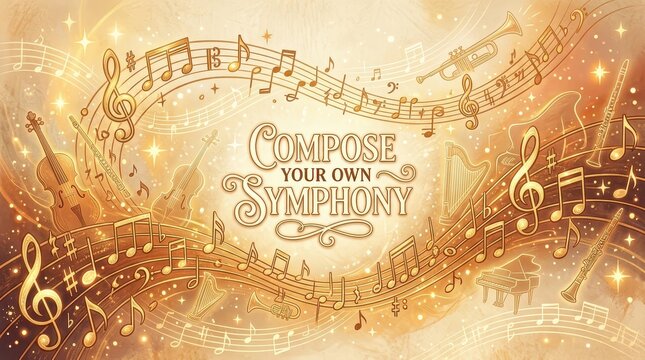 Musical Symphony Composition Illustration with Instruments, Notes, and Sparkles - Compose Your Own Symphony