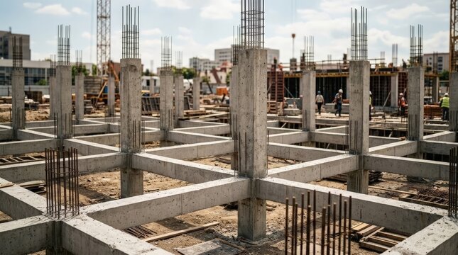 A construction site shows the early stages of a building foundation with numerous concrete pillars and interconnected beams under a bright partly cloudy sky, underscoring the structure
