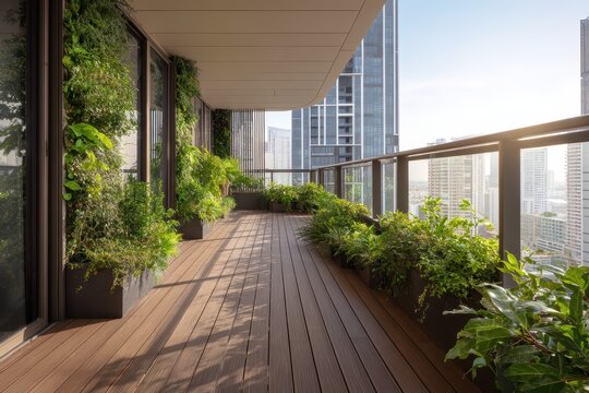 Contemporary apartment balcony garden with lush green plants and wooden deck overlooking a modern city skyline in morning sunlight, designed for sustainable urban living and home gardening
