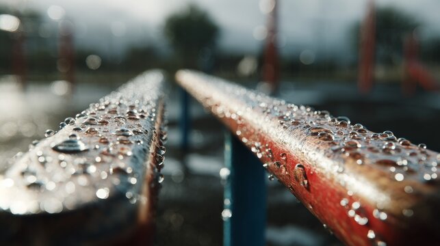 Close-up of parallel bars, glistening with water droplets, in an overcast playground setting, with bokeh background