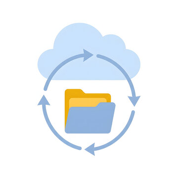 Cloud storage sync icon featuring a yellow document folder with rotating arrows on white background