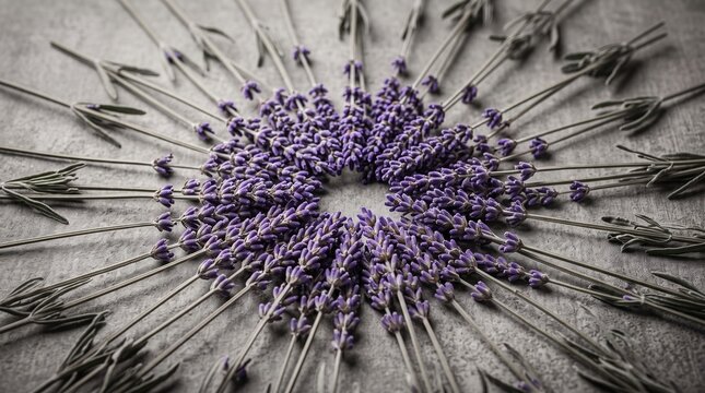 A beautiful circular mandala arrangement of dried lavender stems on a textured gray concrete background displaying a rustic aesthetic with soft natural light for a peaceful botanical composi