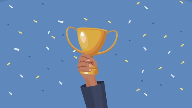 Animation of person holding golden trophy cup up with falling confetti on blue background.