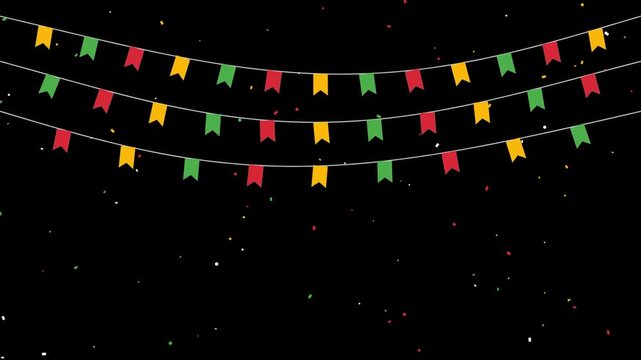 Celebratory bunting flags in red yellow and green colors suspended on white strings with falling confetti creating a festive and joyful atmosphere for parties and events