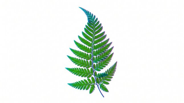 Vibrant chromatic aberration fern leaf isolated on white background digital art illustration featuring neon green and magenta glowing edges with glitch effect for modern graphic design conce