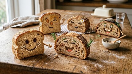 Naklejka premium Five whimsical slices of bread are playfully arranged on a rustic wooden table by a sunny window, each decorated with expressive faces and unique edible details