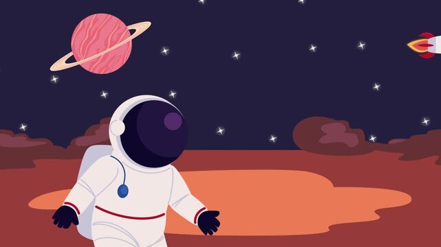 Astronaut exploring alien planet with spacecraft and saturn in starry sky.