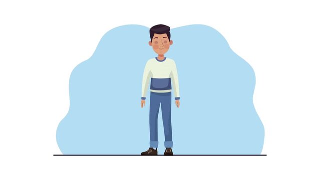 Young man standing still in front of a blue amorphous shape, animated character.