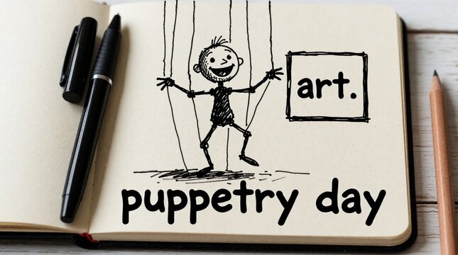 Hand drawn doodle of marionette puppet in open notebook. Black ink sketch shows wooden character with strings on paper page. Creative art design celebrates puppetry day with text, pen. Minimalist
